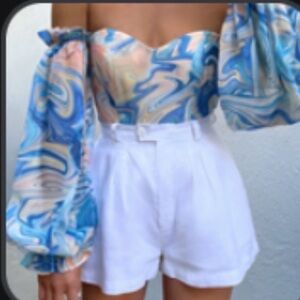 Runaway the Label Swirl Print Off-Shoulder Puff Sleeve Bodysuit in Blue & Peach